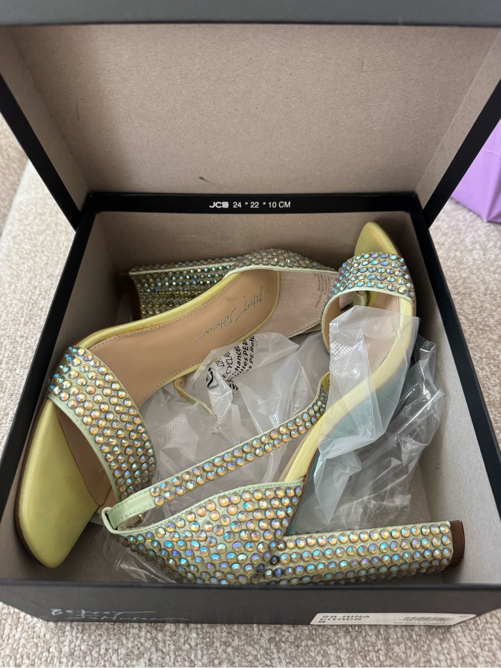 Betsey Johnson Yellow Crystal Block Heel Sandals